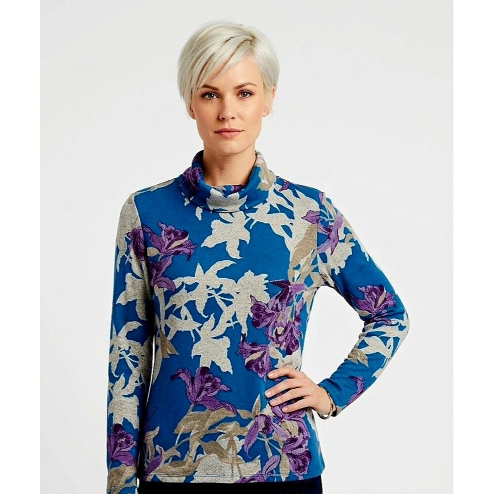 Chico's Womens Top 2 Blue Purple Floral Cowl Neck Long Slv Knit Stretch Large